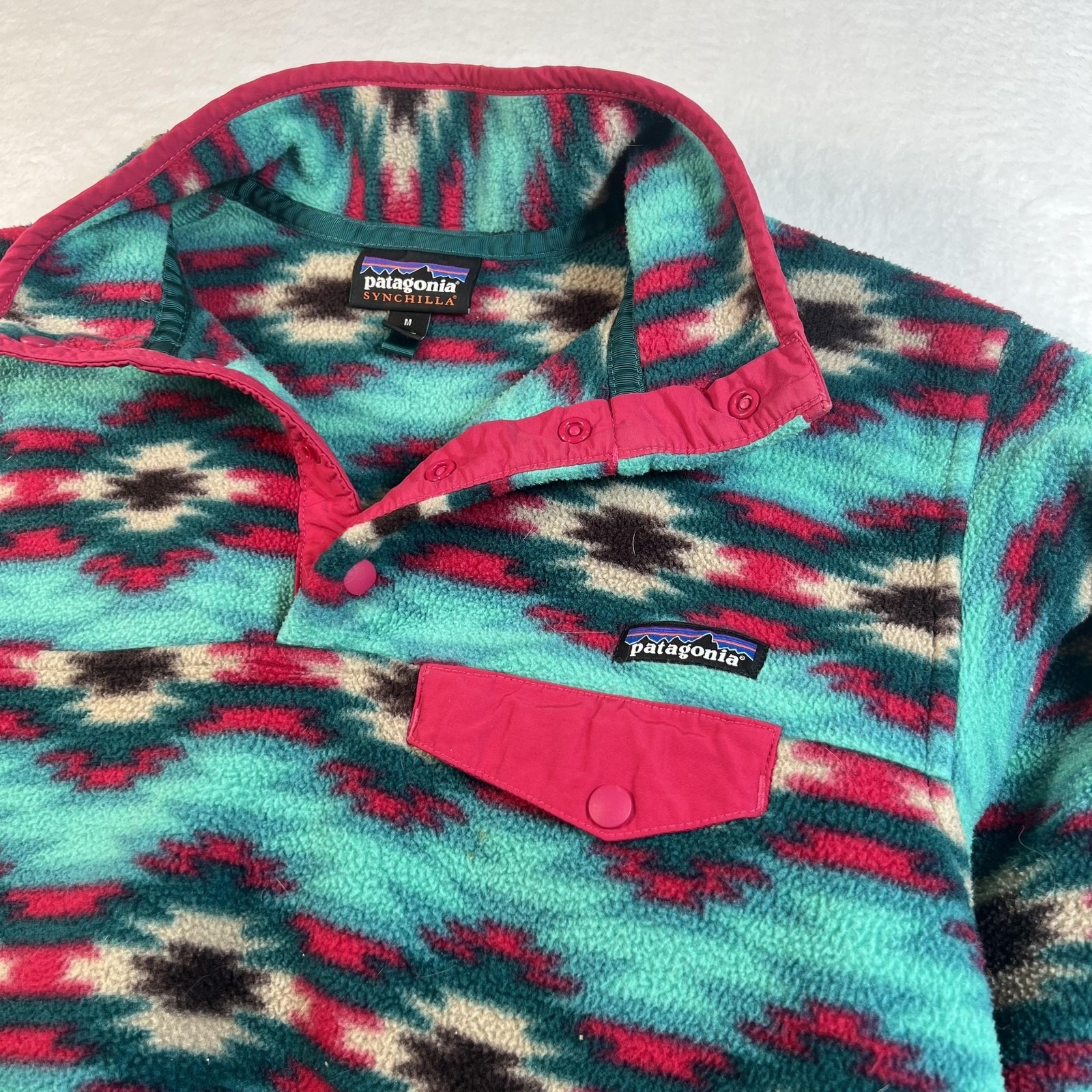 Patagonia Synchilla Fleece Jacket Womens Medium Teal Pink Aztec Snap Pullover
